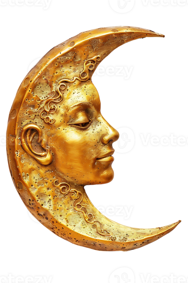 golden crescent moon with a face, isolated against a transparent background png