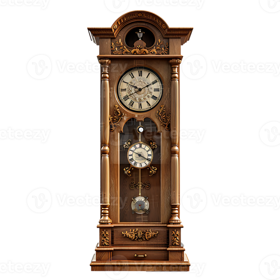 Grandfather vintage tower clock, isolated against a transparent background png