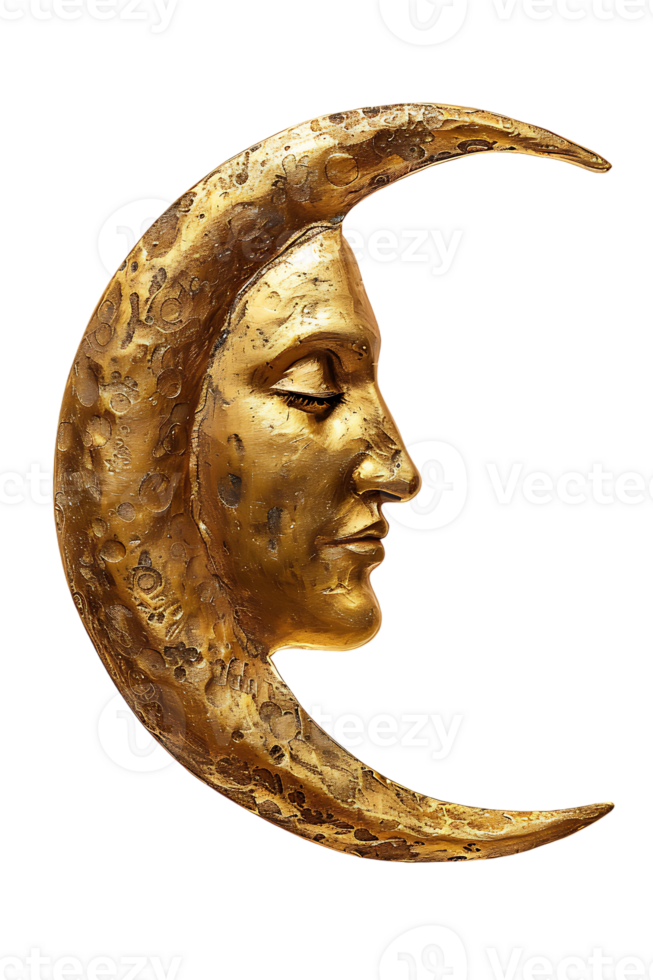 golden crescent moon with a face, isolated against a transparent background png