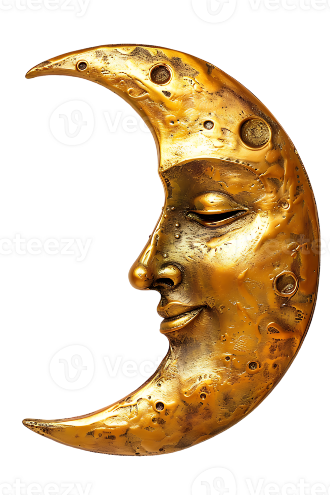 golden crescent moon with a face, isolated against a transparent background png