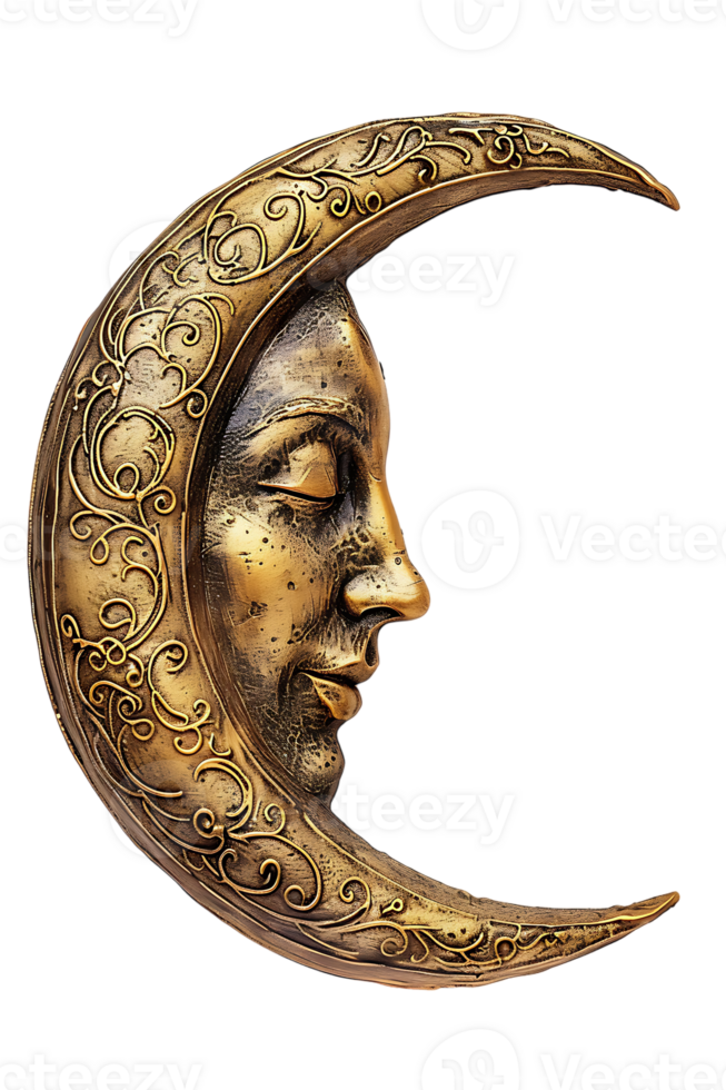 golden crescent moon with a face, isolated against a transparent background png