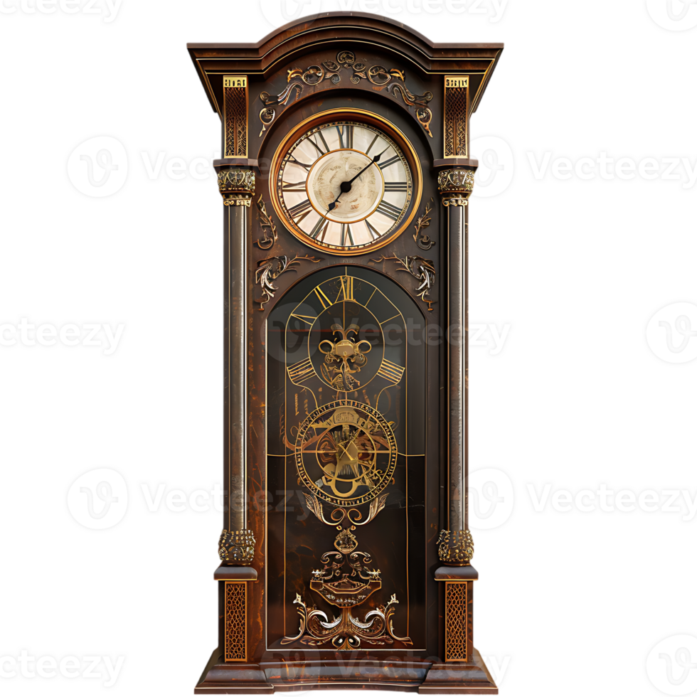 Grandfather vintage tower clock, isolated against a transparent background png
