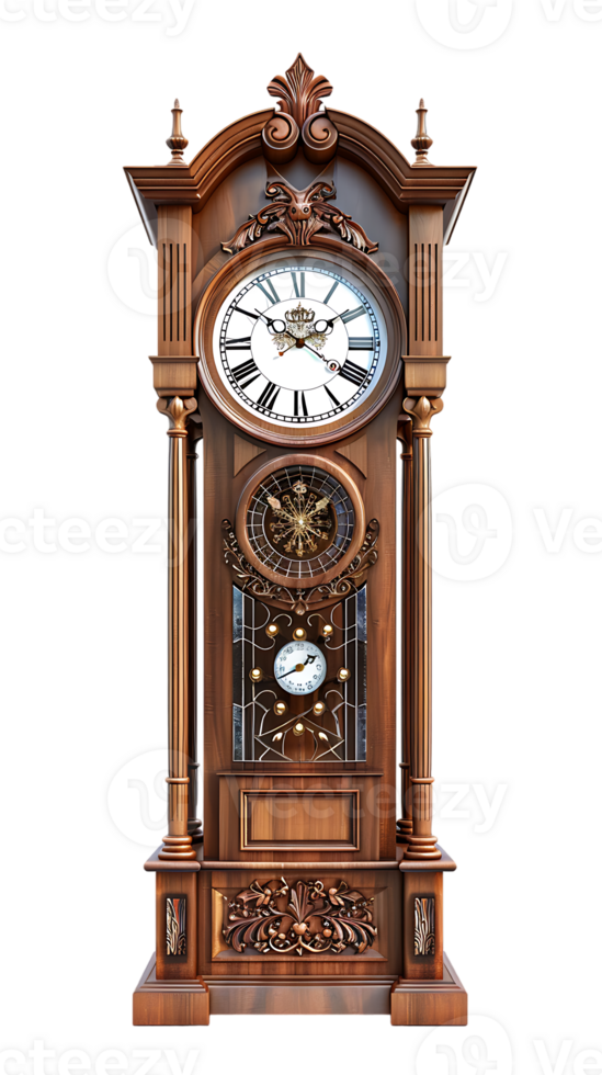 Grandfather vintage tower clock, isolated against a transparent background png