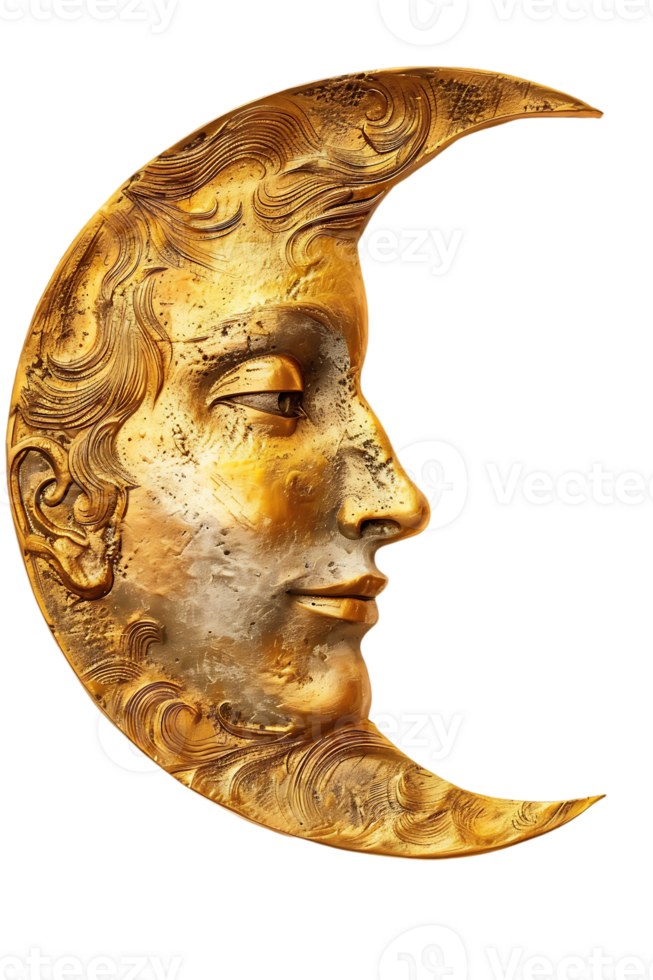 golden crescent moon with a face, isolated against a transparent background png