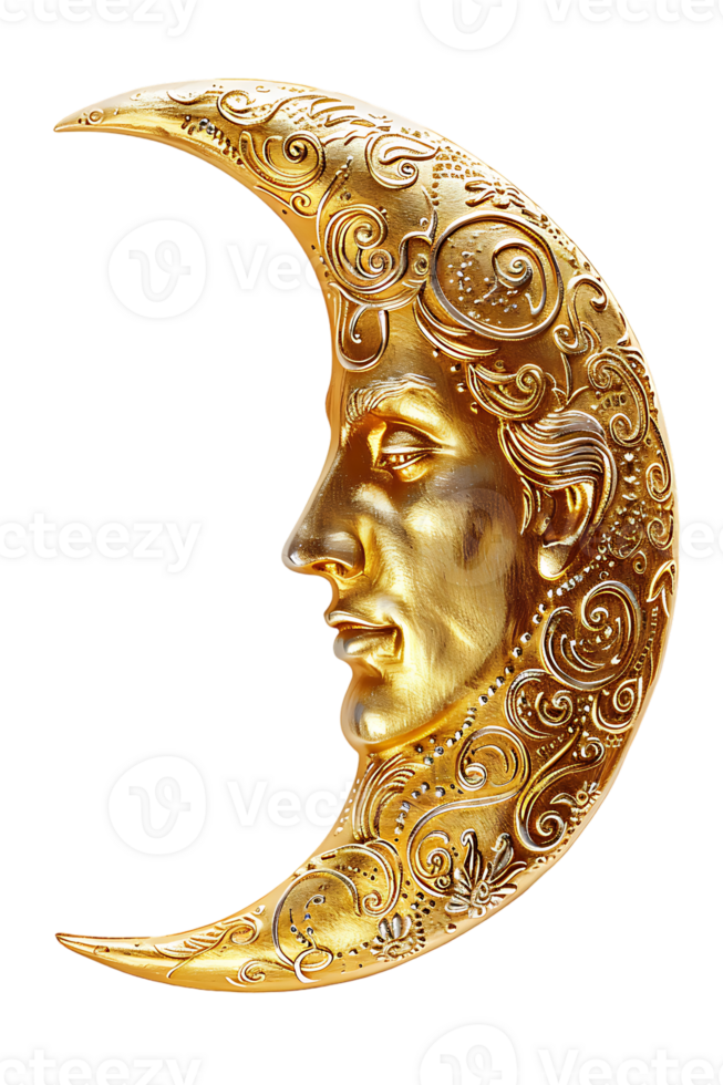 golden crescent moon with a face, isolated against a transparent background png