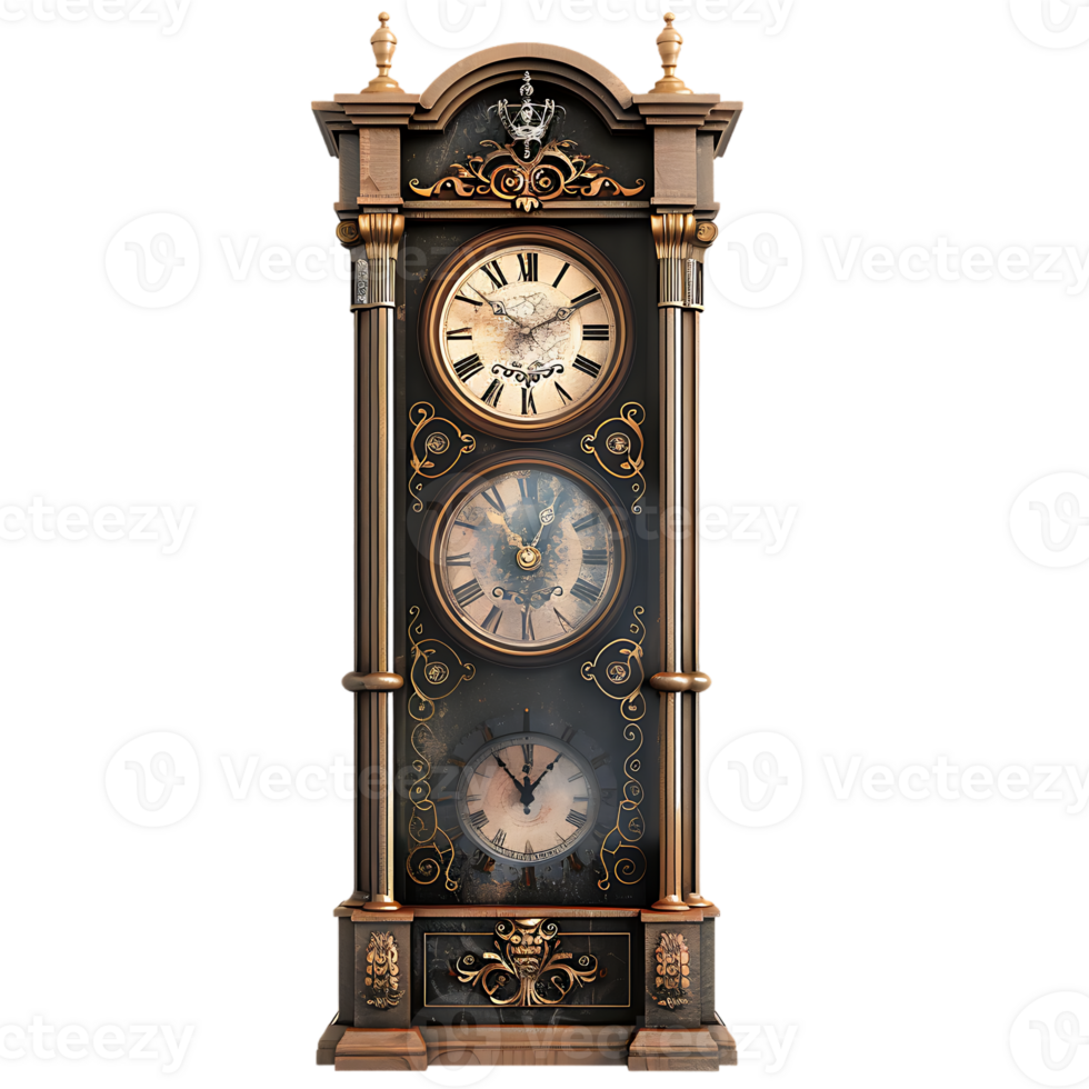 Grandfather vintage tower clock, isolated against a transparent background png