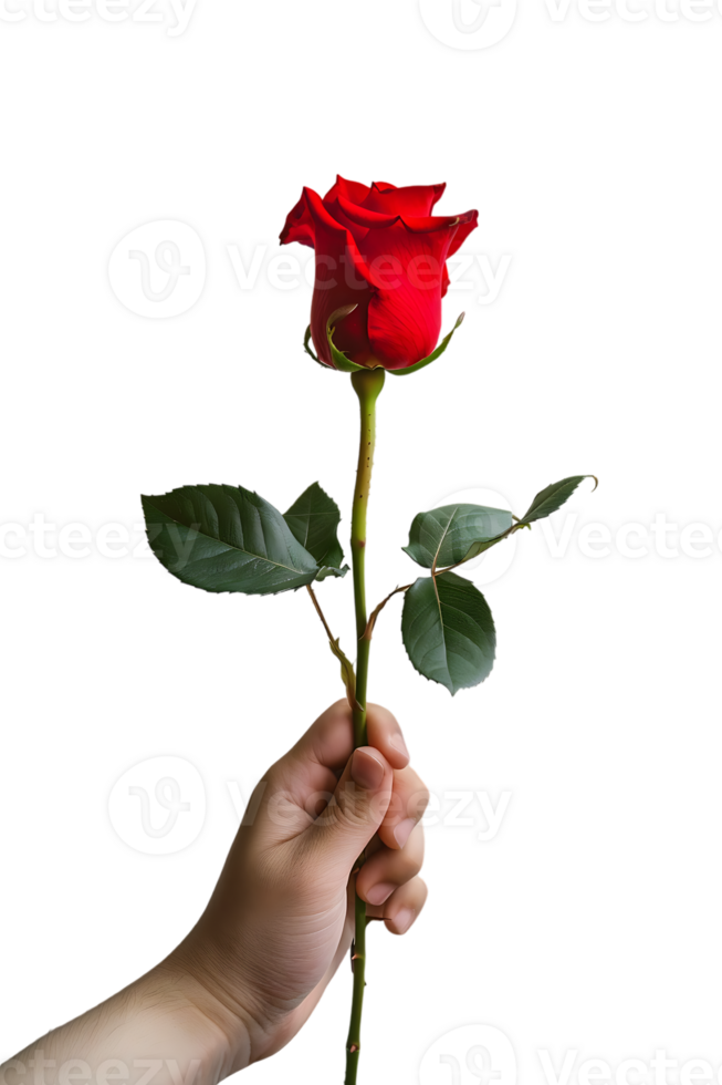 Hand holding a red rose, isolated against a transparent background png