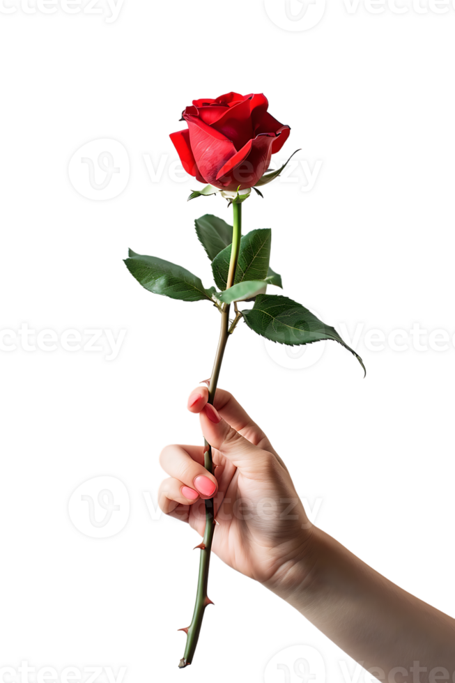 Hand holding a red rose, isolated against a transparent background png