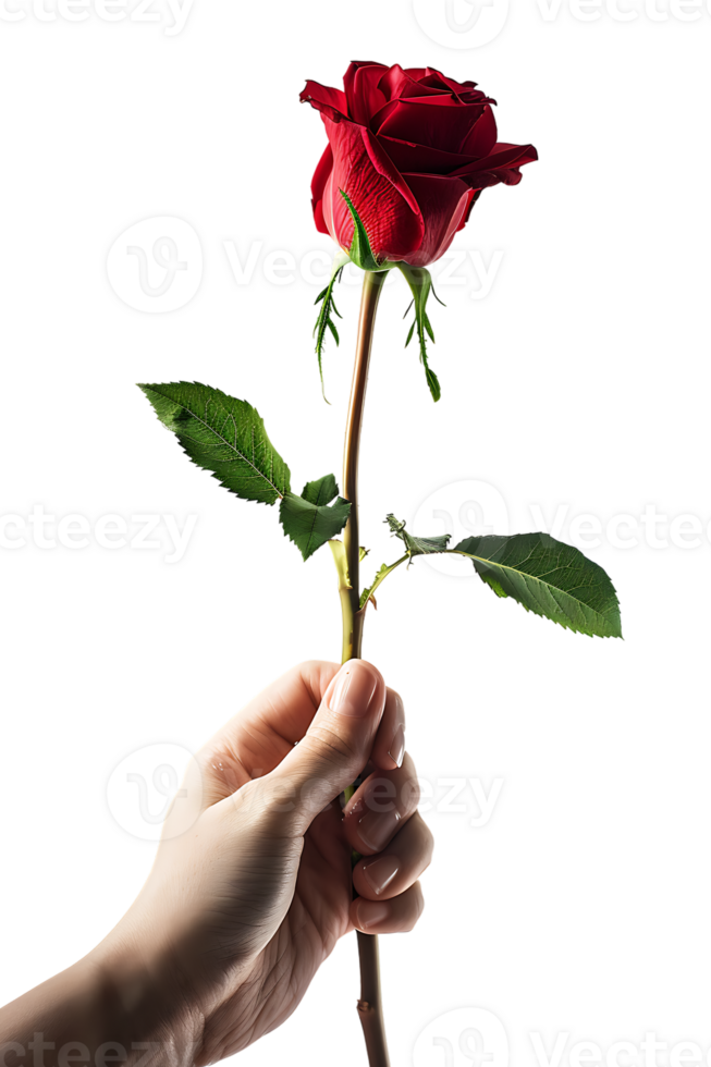 Hand holding a red rose, isolated against a transparent background png