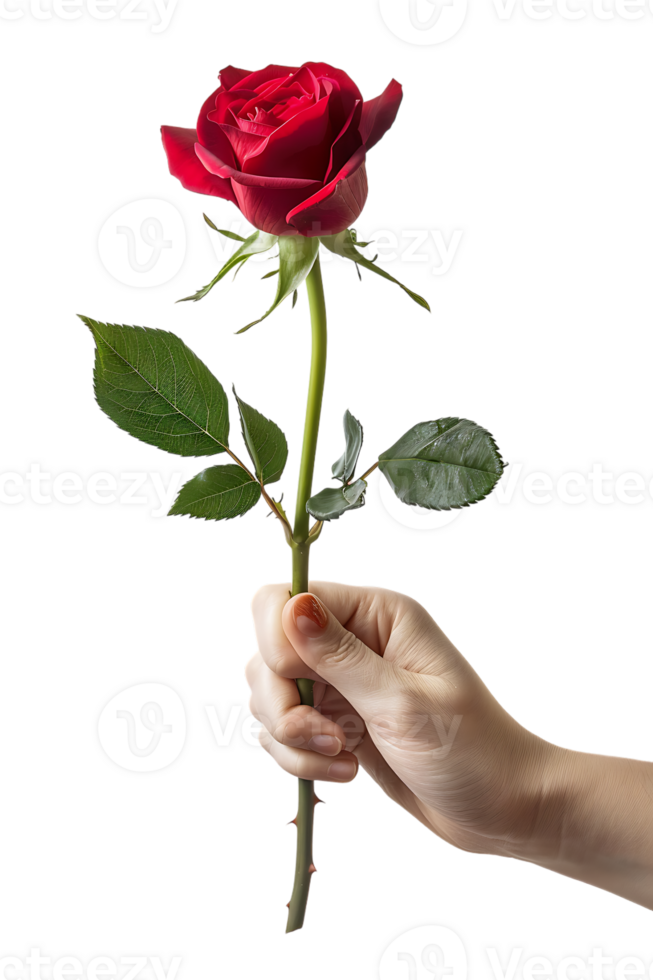 Hand holding a red rose, isolated against a transparent background png