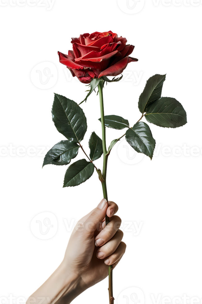 Hand holding a red rose, isolated against a transparent background png