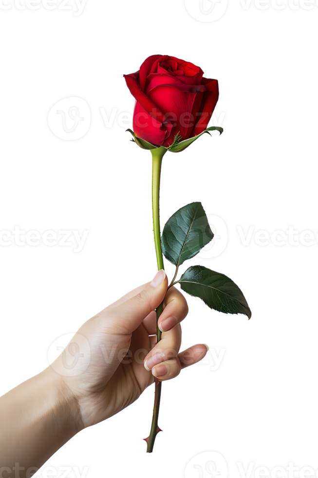 Hand holding a red rose, isolated against a transparent background png