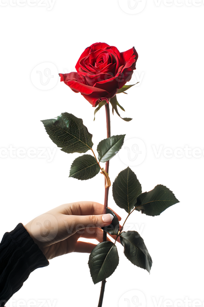 Hand holding a red rose, isolated against a transparent background png