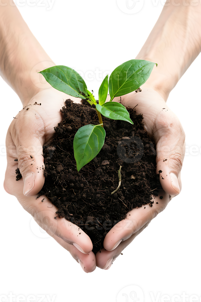 hands holding a plant in soil, isolated against a transparent background png