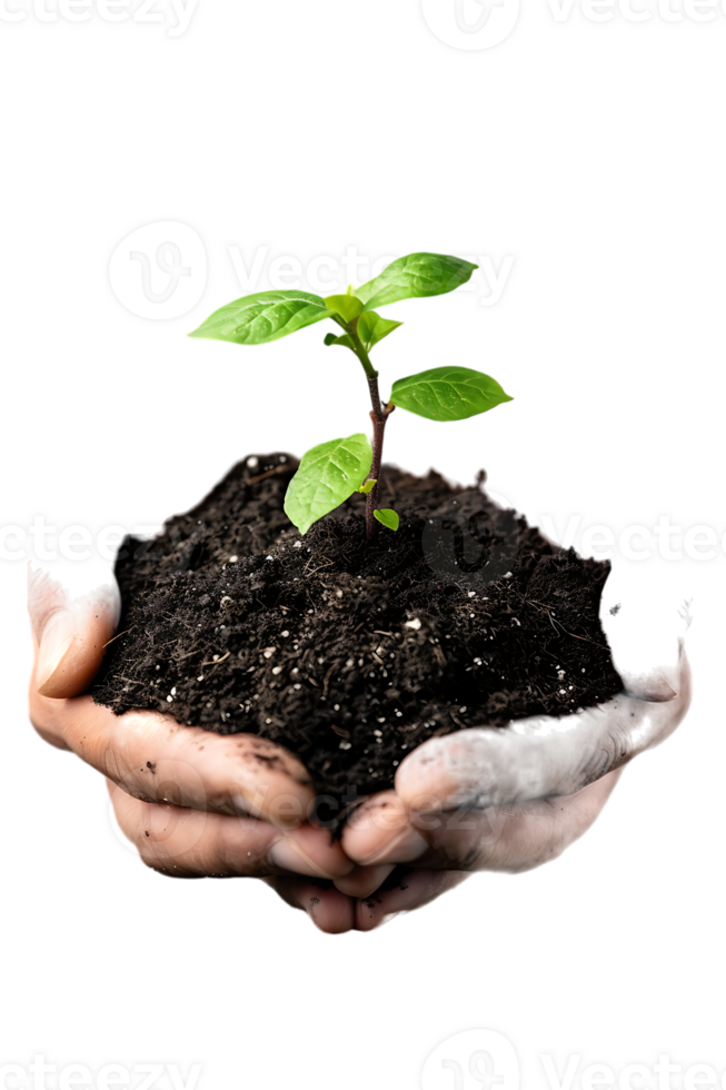 hands holding a plant in soil, isolated against a transparent background png