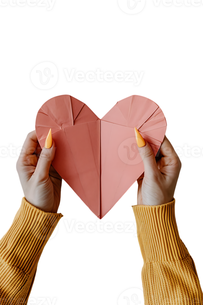 hands holding a paper heart, isolated against a transparent background png