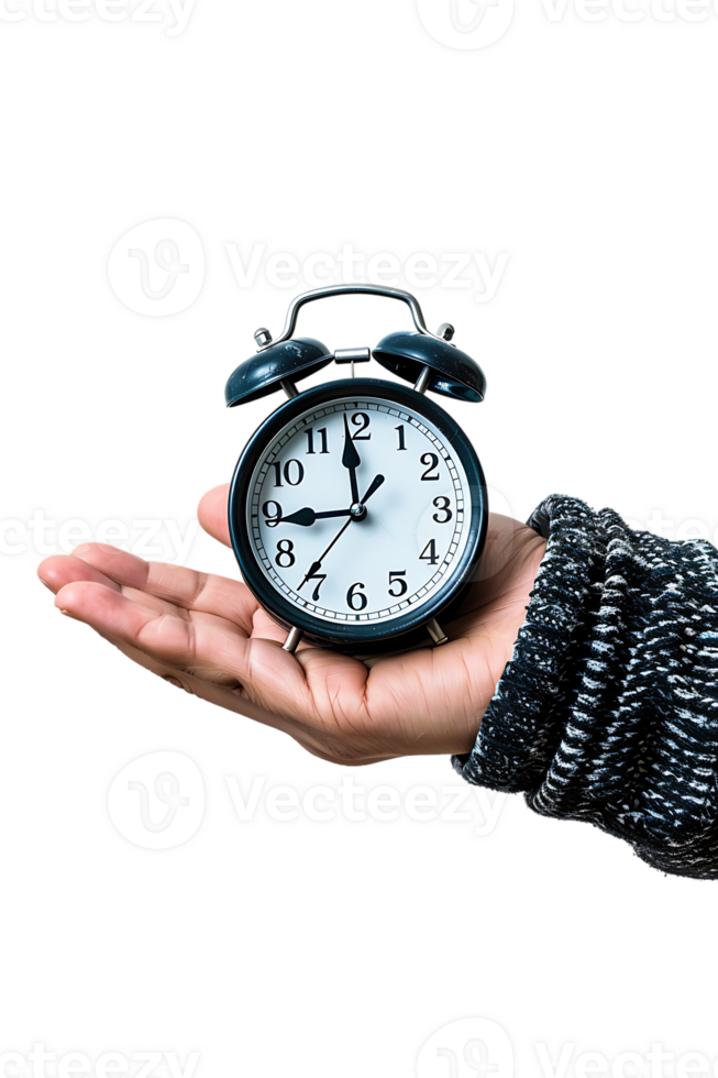 Hand holding alarm clock, isolated against transparent background png