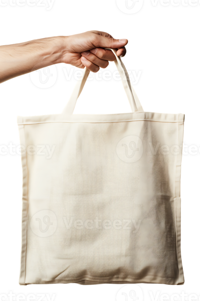 Hand holding a tote bag, isolated against a transparent background png