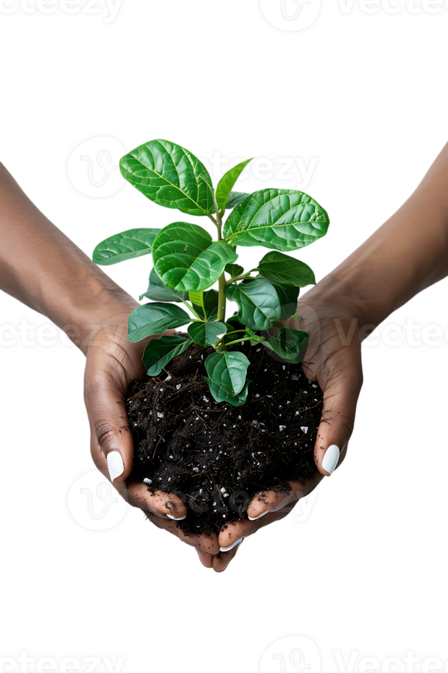 hands holding a plant in soil, isolated against a transparent background png