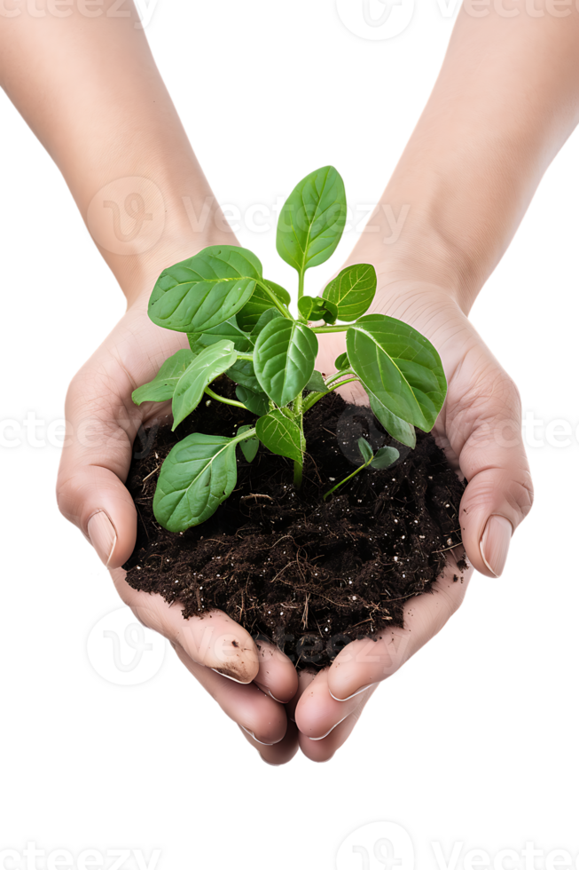 hands holding a plant in soil, isolated against a transparent background png