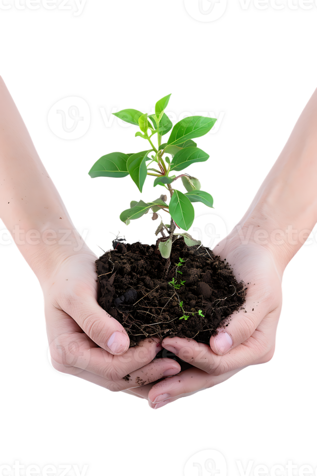 hands holding a plant in soil, isolated against a transparent background png