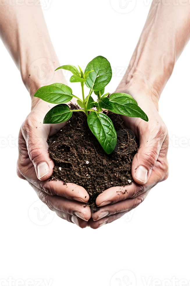 hands holding a plant in soil, isolated against a transparent background png