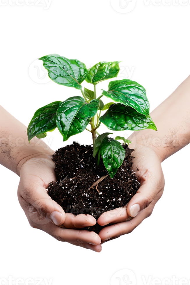 hands holding a plant in soil, isolated against a transparent background png