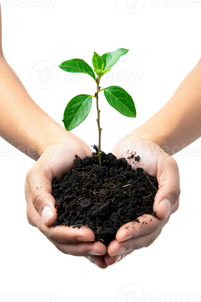 hands holding a plant in soil, isolated against a transparent background png