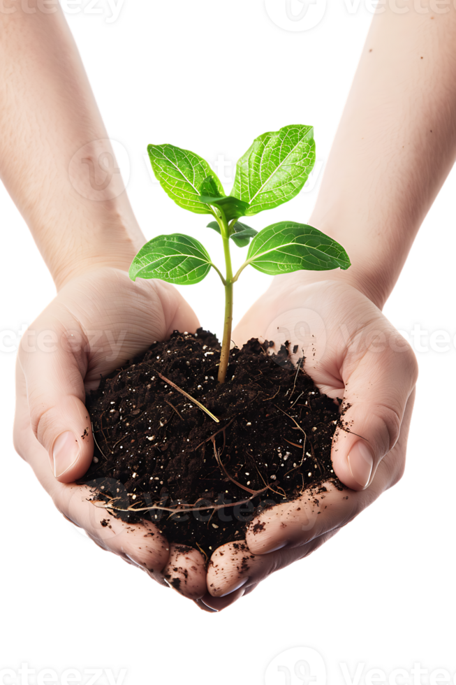 hands holding a plant in soil, isolated against a transparent background png
