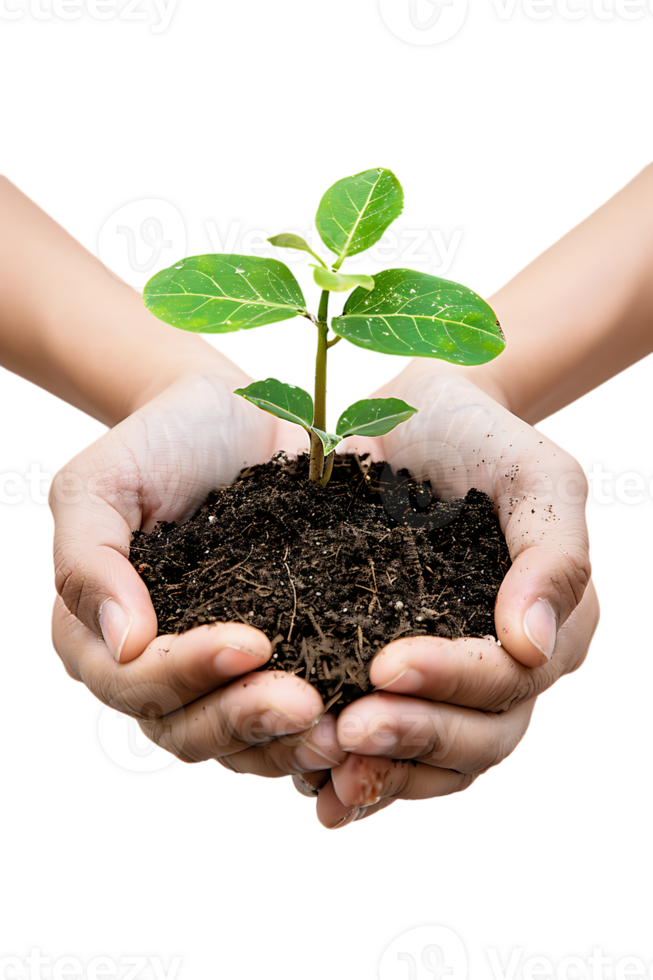 hands holding a plant in soil, isolated against a transparent background png