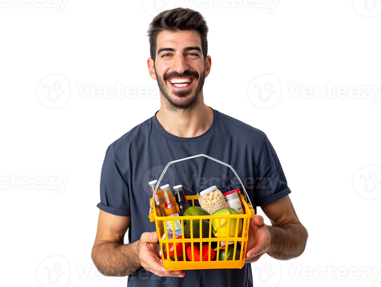 Happy confident man holding a shopping basket full of products png