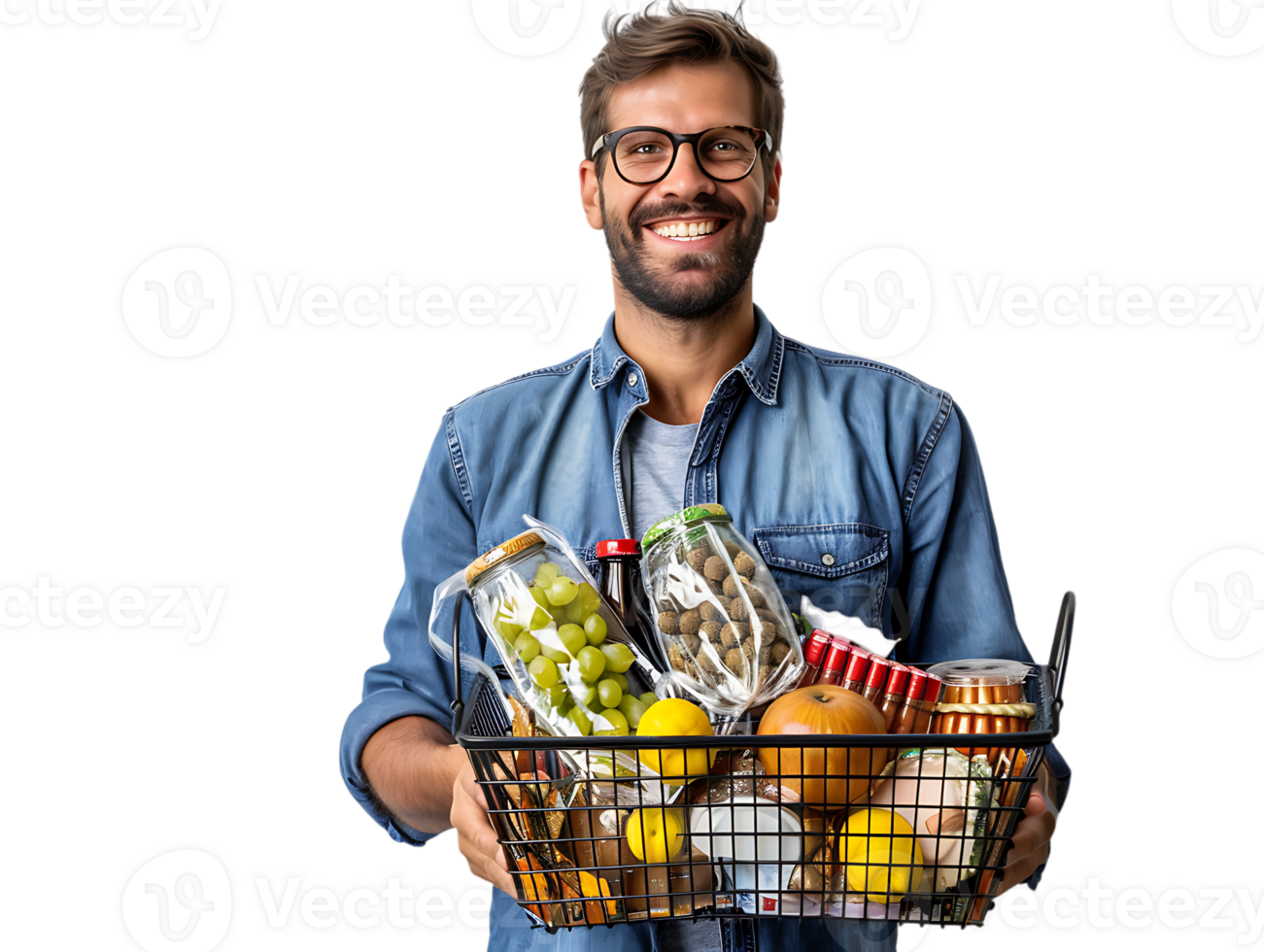 Happy confident man holding a shopping basket full of products png