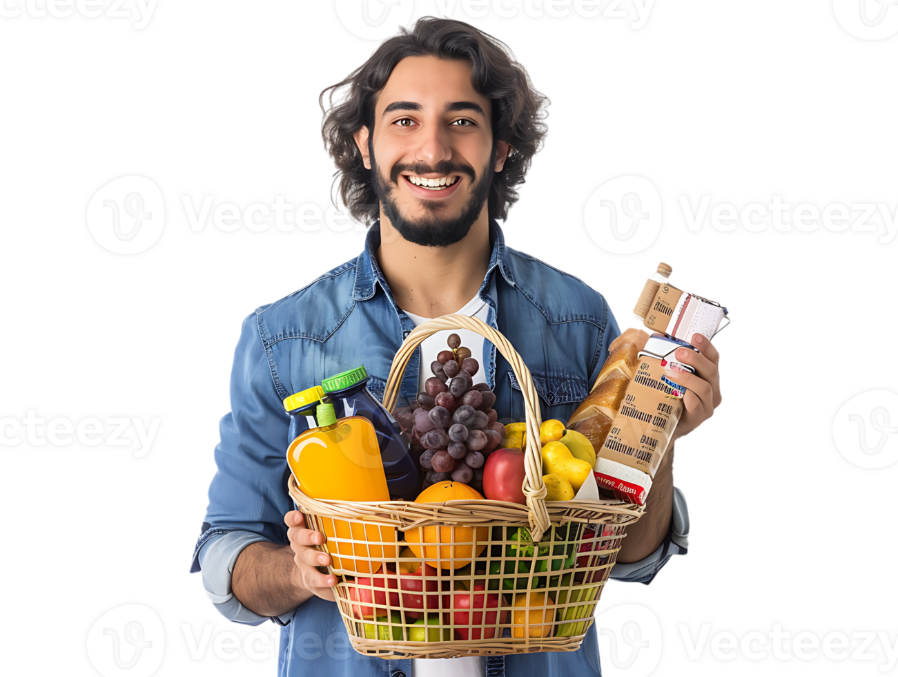 Happy confident man holding a shopping basket full of products png