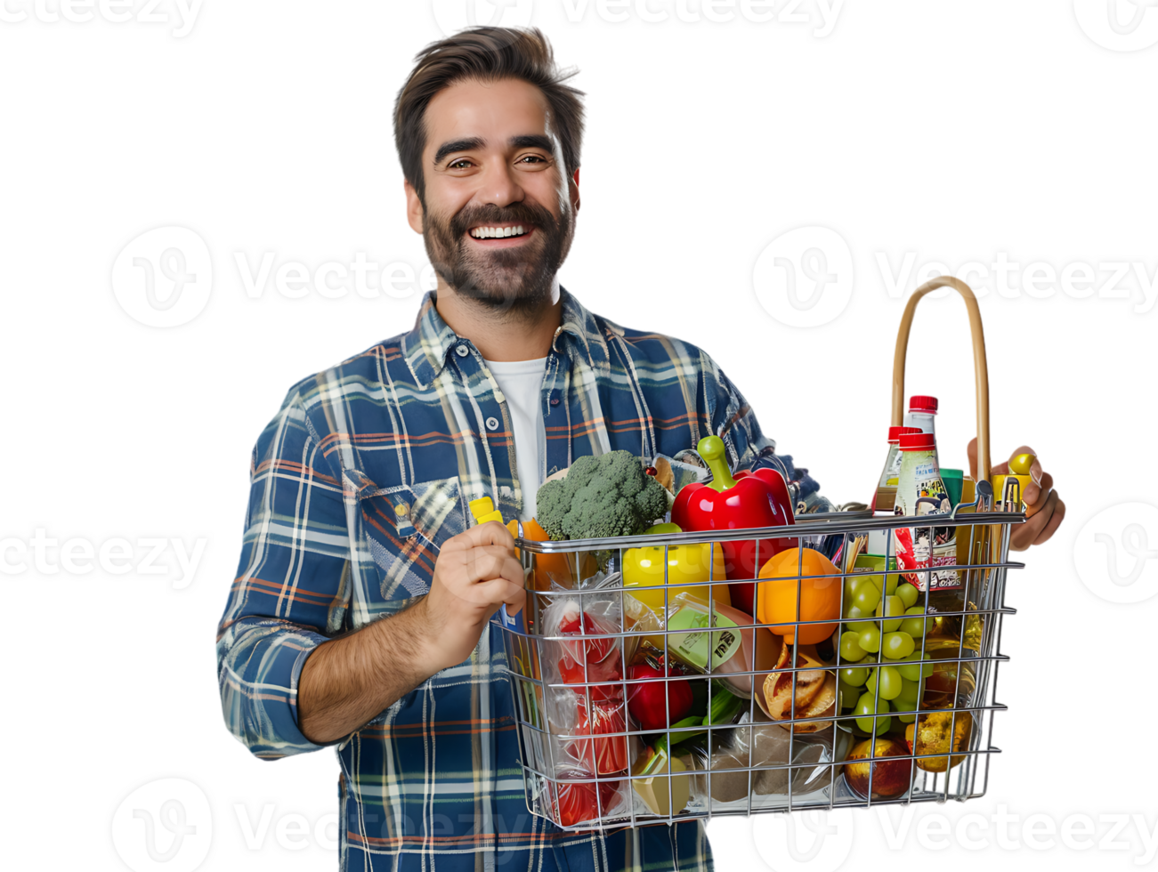 Happy confident man holding a shopping basket full of products png