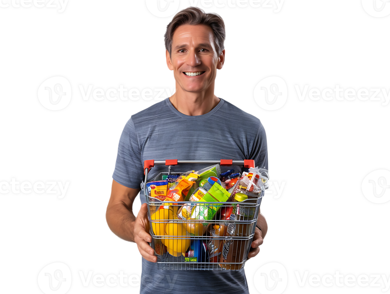 Happy confident man holding a shopping basket full of products png