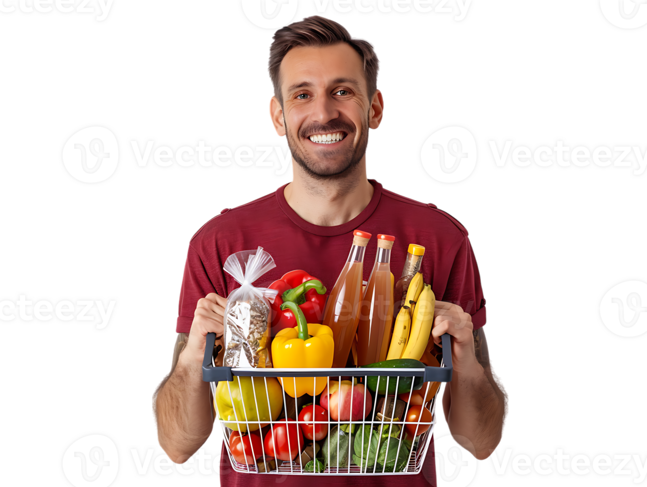 Happy confident man holding a shopping basket full of products png