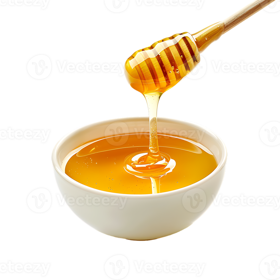 Honey stick and bowl of pouring honey, isolated against a transparent background png