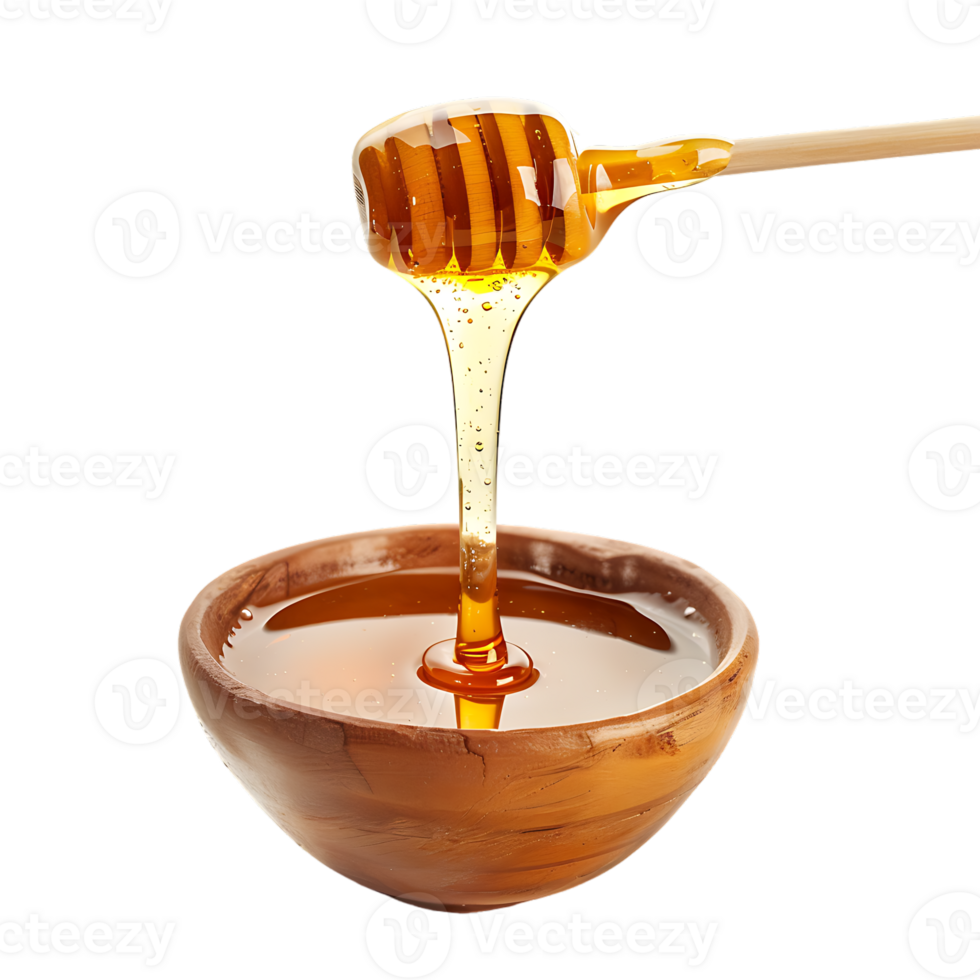 Honey stick and bowl of pouring honey, isolated against a transparent background png