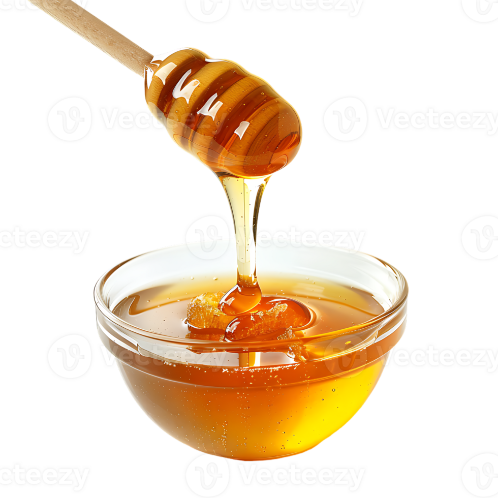 Honey stick and bowl of pouring honey, isolated against a transparent background png