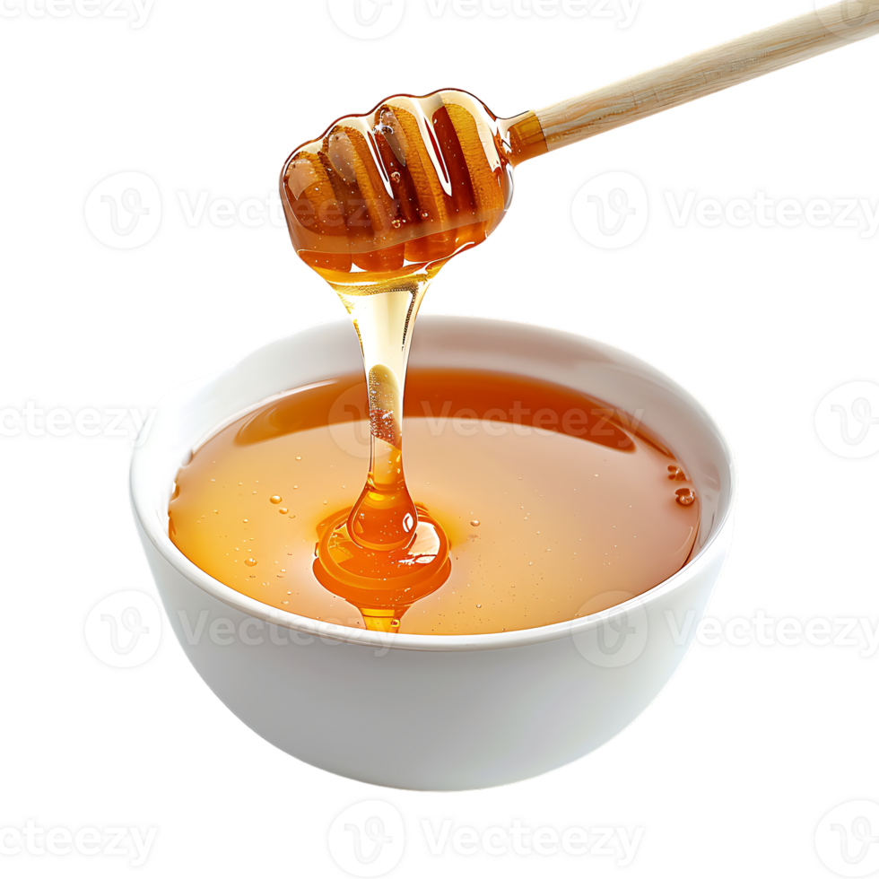 Honey stick and bowl of pouring honey, isolated against a transparent background png