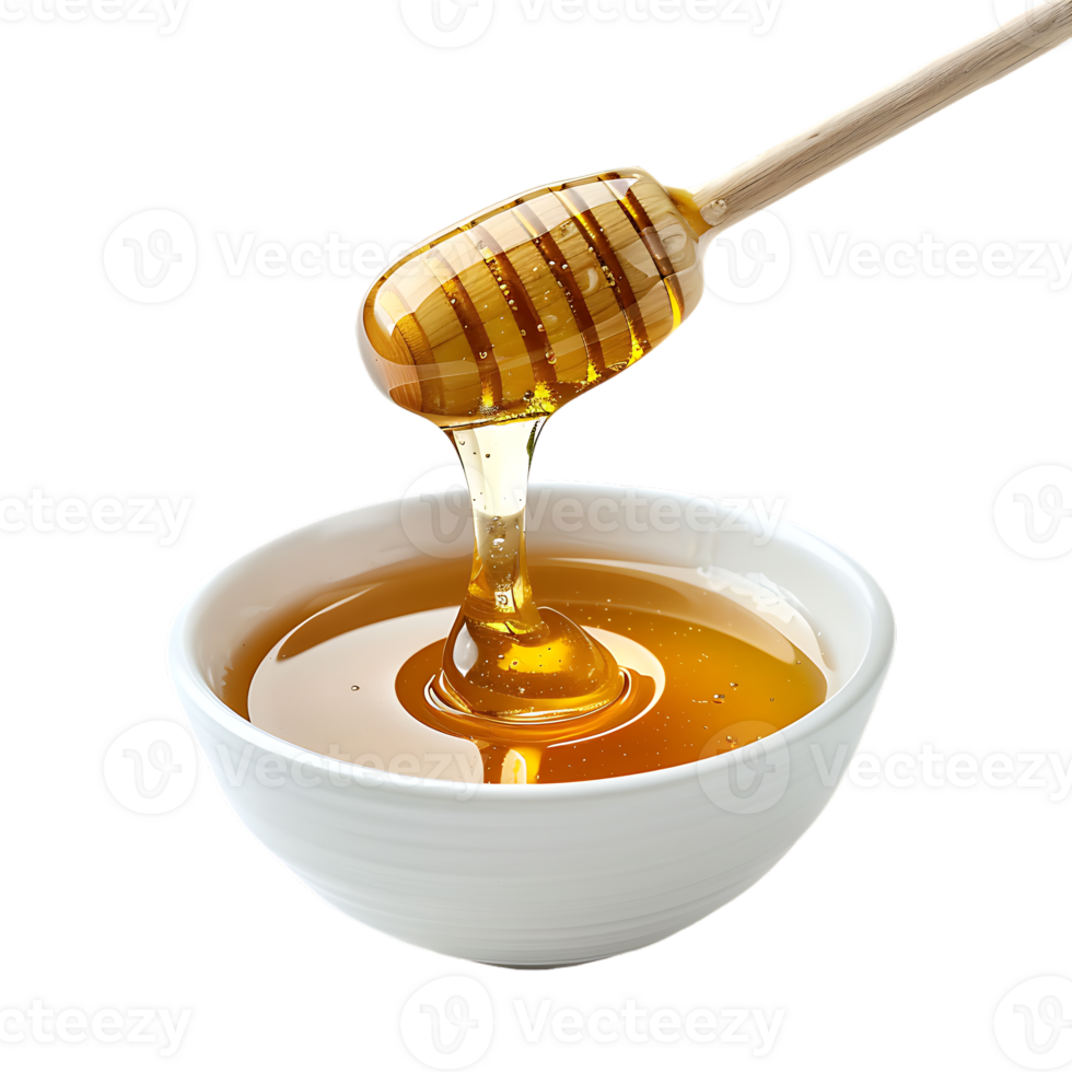 Honey stick and bowl of pouring honey, isolated against a transparent background png