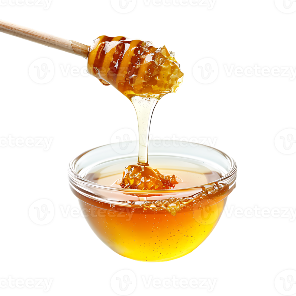 Honey stick and bowl of pouring honey, isolated against a transparent background png