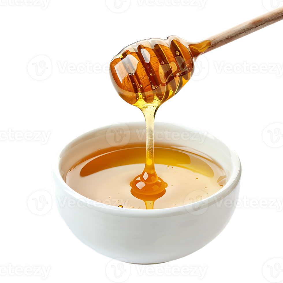 Honey stick and bowl of pouring honey, isolated against a transparent background png