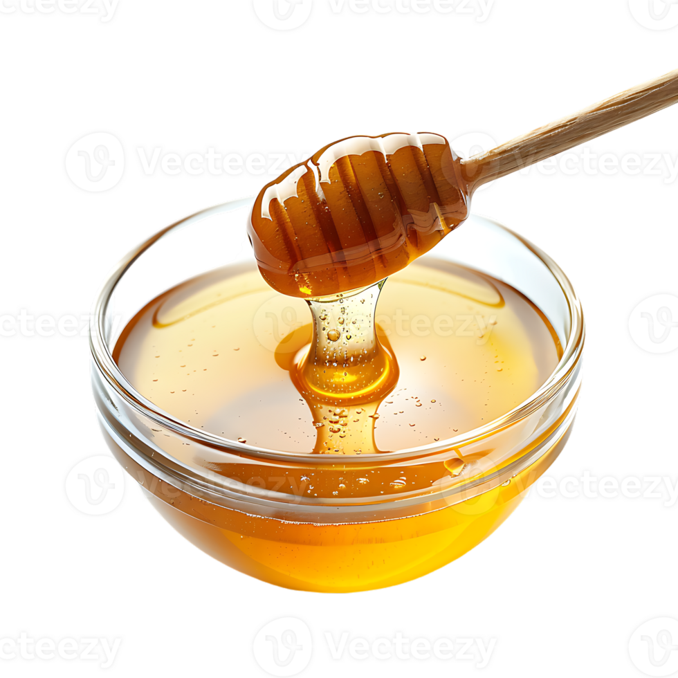 Honey stick and bowl of pouring honey, isolated against a transparent background png