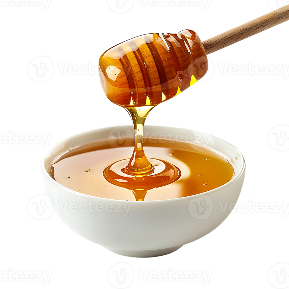 Honey stick and bowl of pouring honey, isolated against a transparent background png