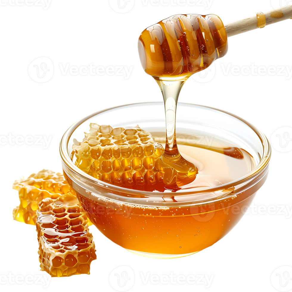Honey stick and bowl of pouring honey, isolated against a transparent background png