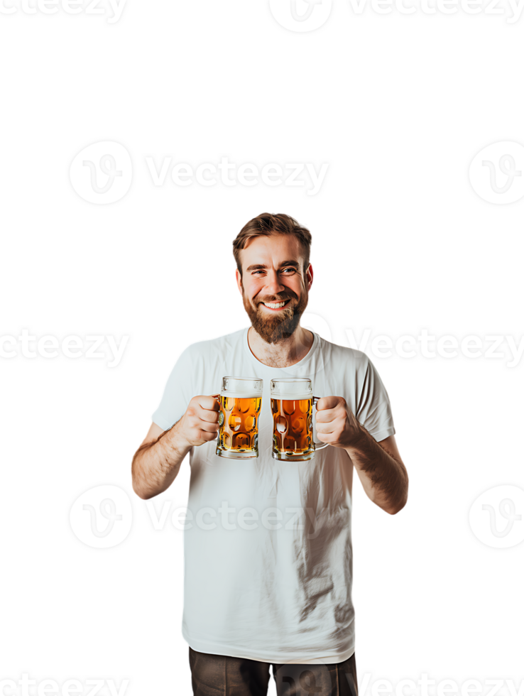 Joyful guy with two beer mugs, pictured against a transparent background png