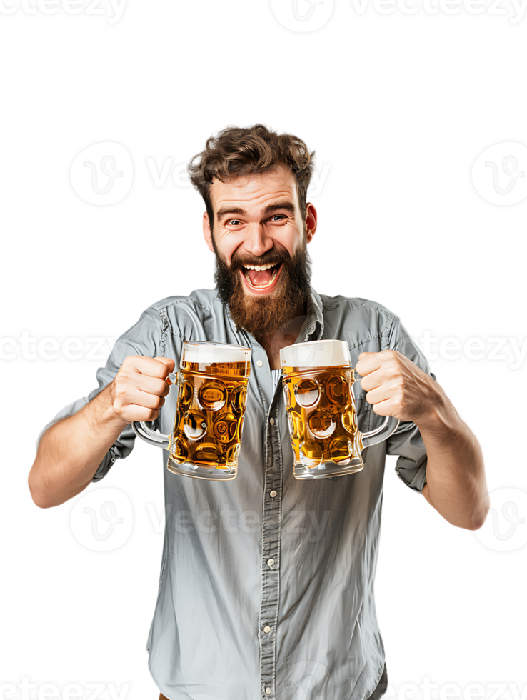 Joyful guy with two beer mugs, pictured against a transparent background png