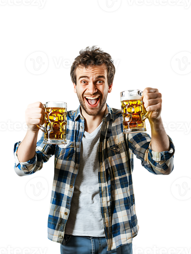 Joyful guy with two beer mugs, pictured against a transparent background png