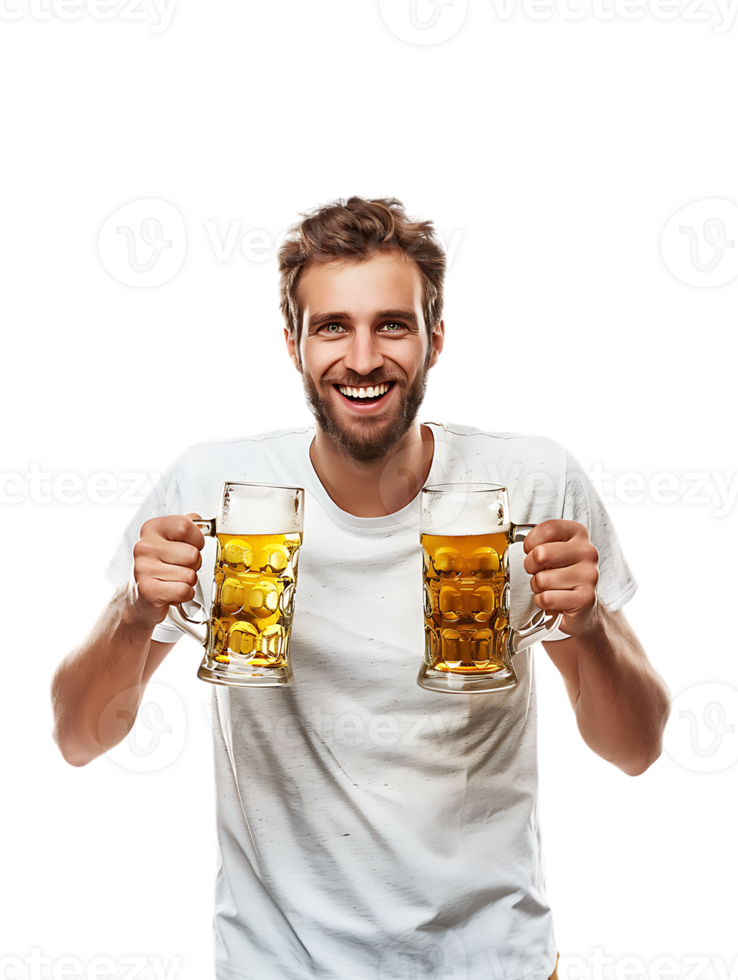 Joyful guy with two beer mugs, pictured against a transparent background png